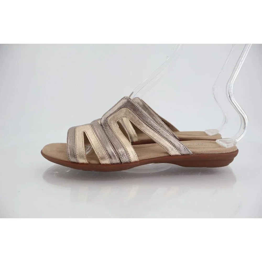 Clarks Womens Ada Lilah Sandal Size 9 Gold Silver Slide Leather Flat Comfy Shoe